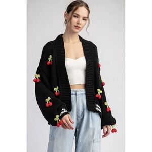 Anthropologie Maeve 3D Fruit Cherry Varsity Knit Cardigan Sweater O/S
